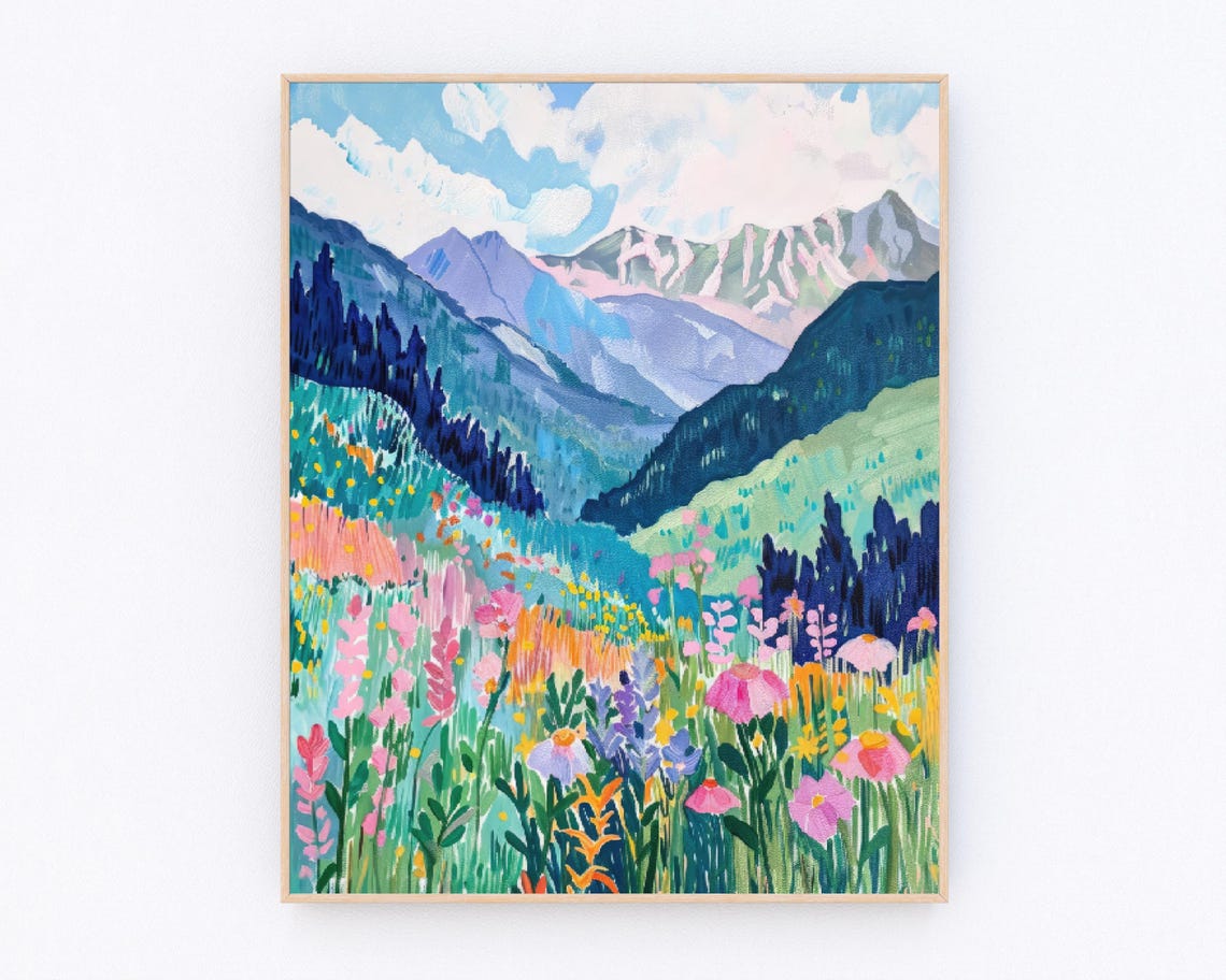 Vertical Mountain Valley Pink Wildflower Garden Landscape Poster