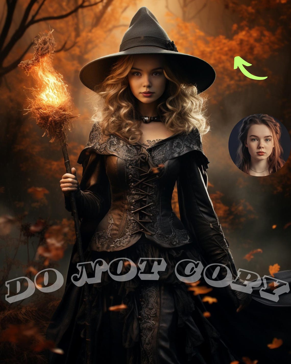 Personalized Dark Witch Portrait with Burning Torch in Autumn Poster - Image 2