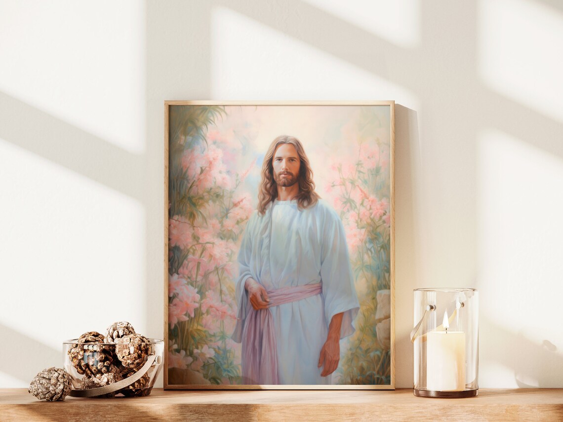 Jesus Portrait Among Pink Blossoms Pastel Garden Christian Art Print - Image 2
