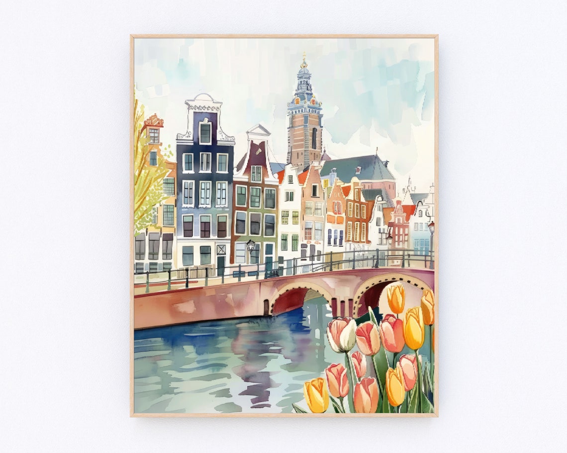 Amsterdam Canal with Spring Tulips Watercolor Netherlands Poster