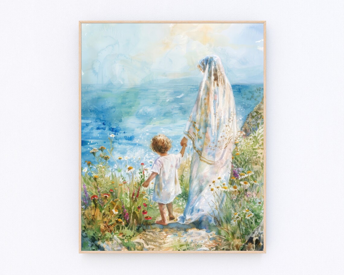 Mother Mary And Jesus Walking In Beach Poster Blessed Virgin Mary Painting Jesus Portrait Christian Prayer Wall Art Catholic Gifts P456