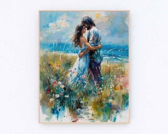 Jesus Embracing Woman Seaside Meadow Compassion Christian Art Poster