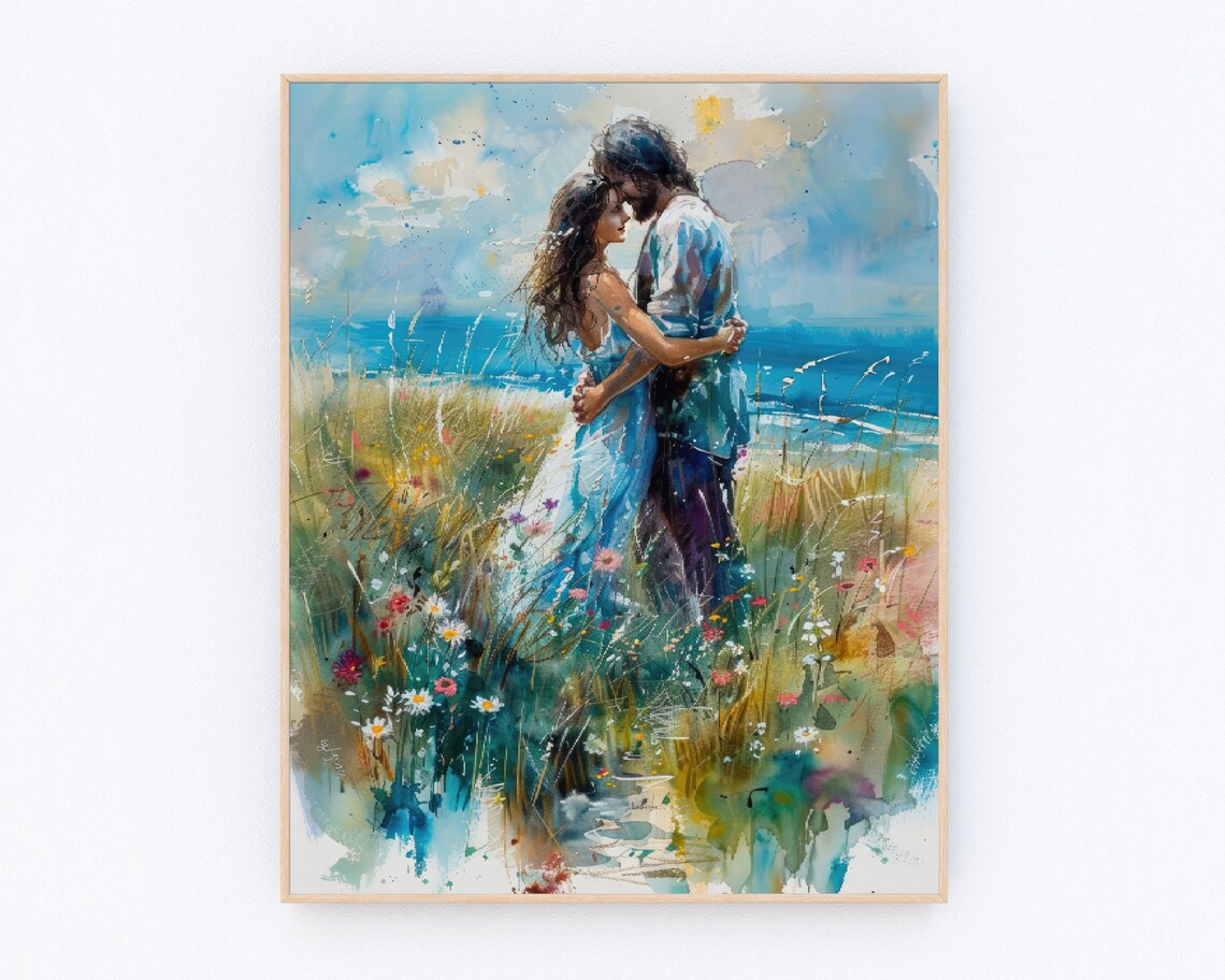 Jesus Embracing Woman Seaside Meadow Compassion Christian Art Poster