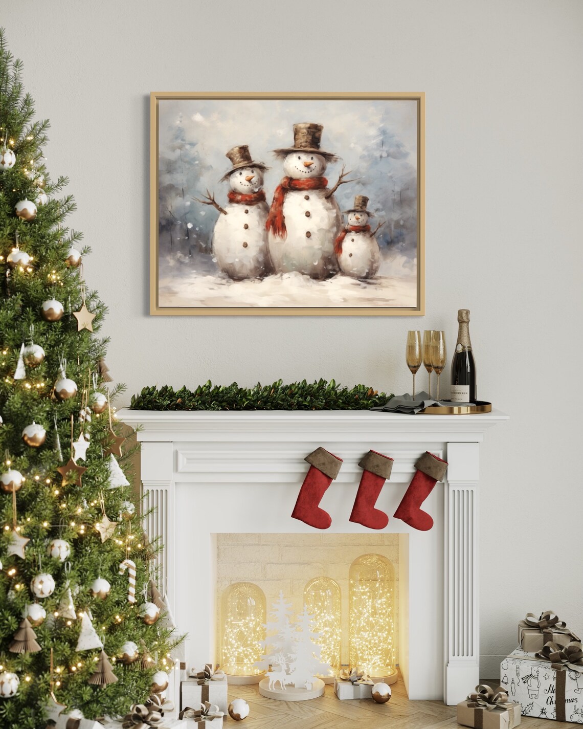 Snowman Family with Top Hats Red Scarves Winter Wonderland Art Poster - Image 2
