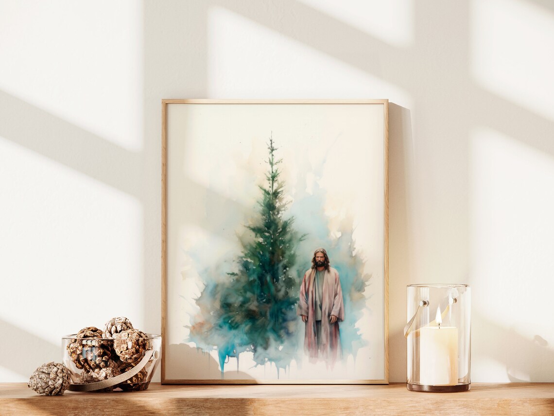 Jesus With Christmas Tree Minimalist Watercolor Holiday Christian Print - Image 2
