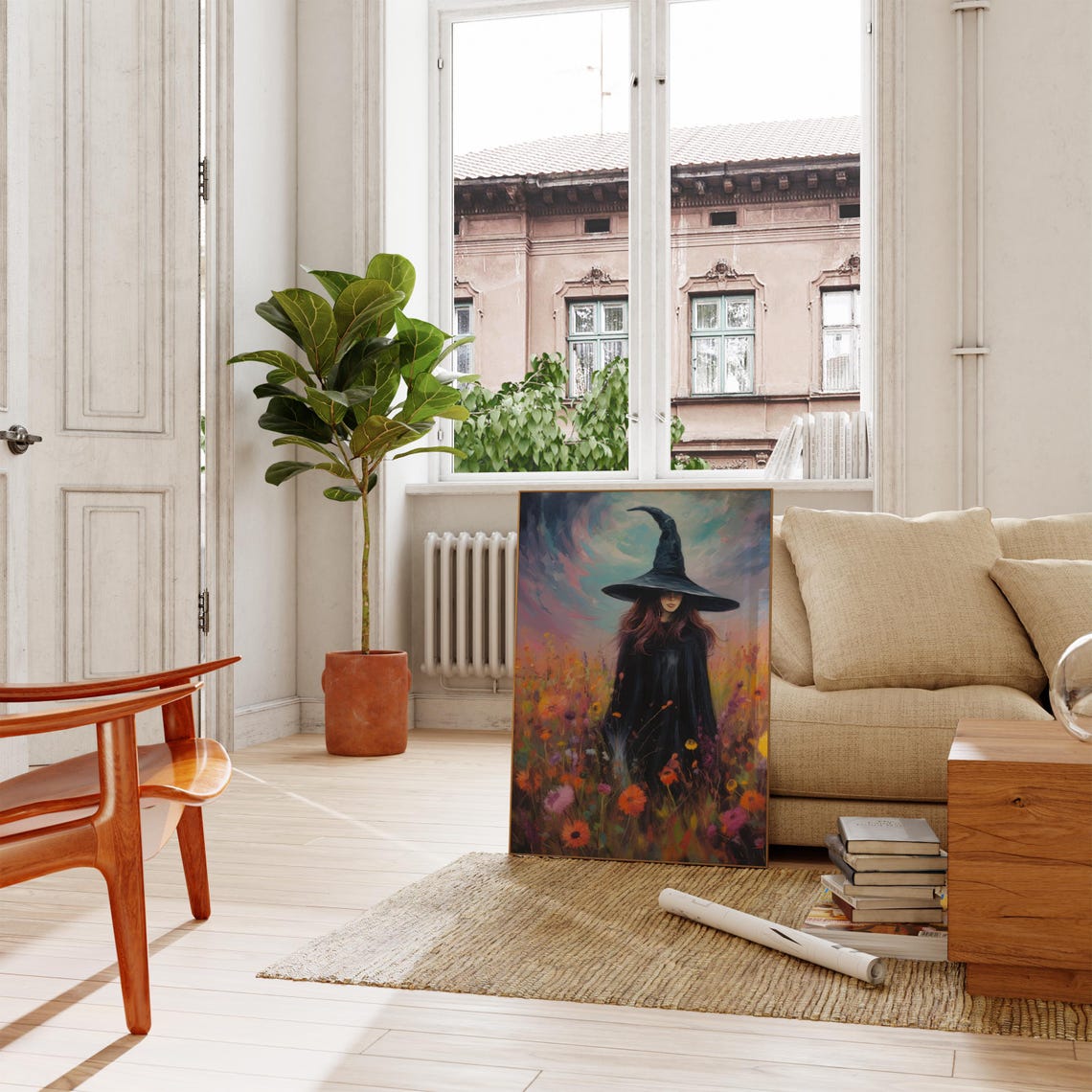 Mystical Witch in Flower Field Moody Cottagecore Halloween Art Poster - Image 2