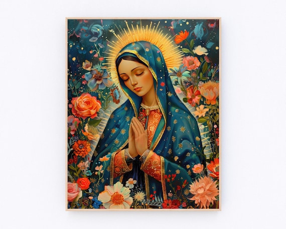 Our Lady of Guadalupe Praying Among Flowers Religious Art Poster