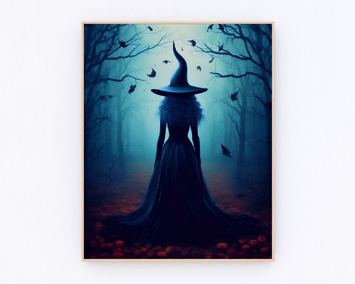 Mystical Witch in Dark Forest Crows Teal Mist Halloween Wall Poster - Image 4
