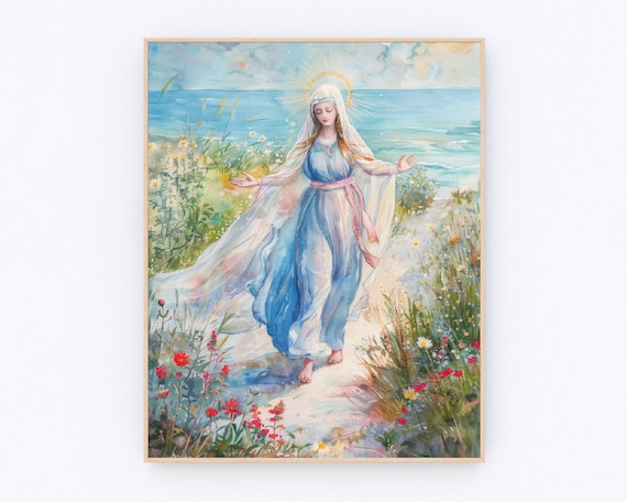 Virgin Mary with Golden Halo Walking by the Sea Prayer Art Poster