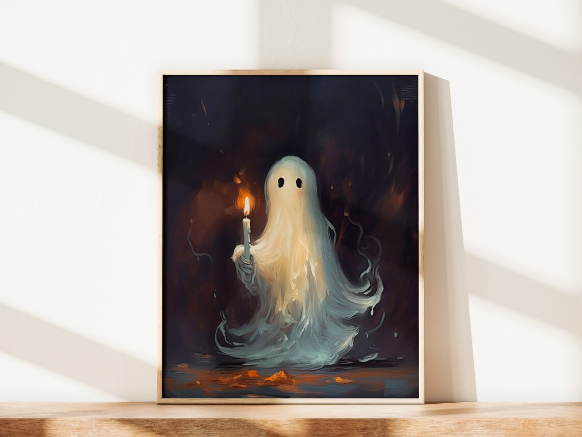 Cute Glowing Ghost Holding Candle Dark Background Halloween Wall Poster - Image 2
