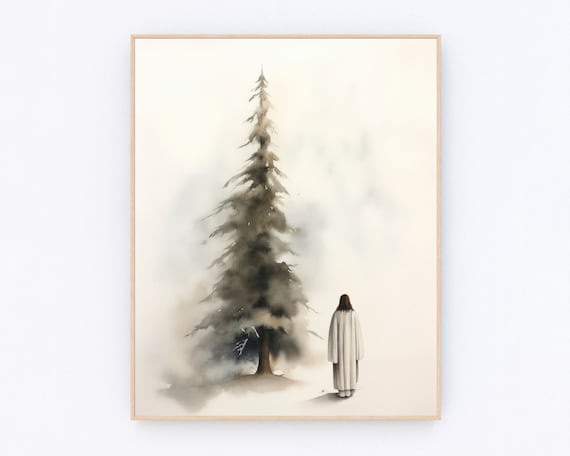 Jesus With Christmas Tree Winter Minimalist Watercolor Christian Print
