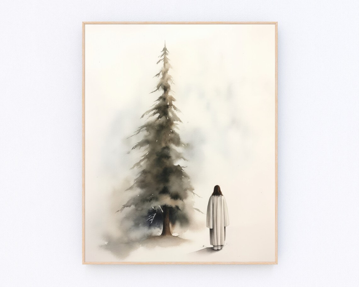 Jesus With Christmas Tree Winter Minimalist Watercolor Christian Print