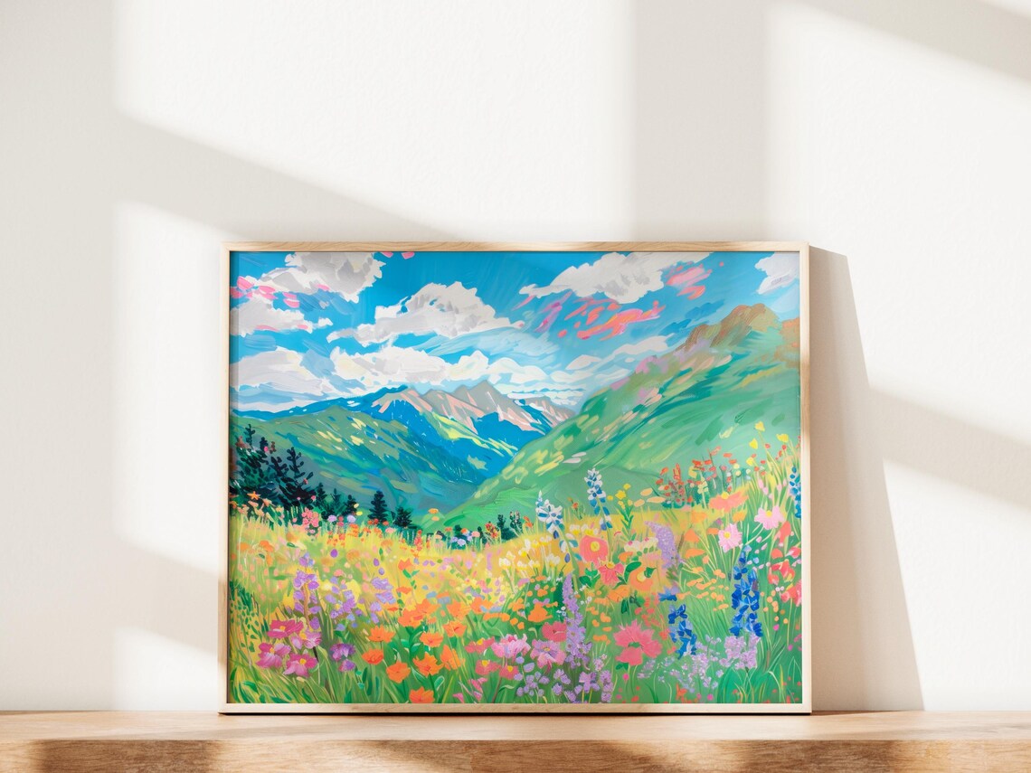 Alpine Wildflower Meadow Mountain Oil Painting Landscape Poster - Image 2