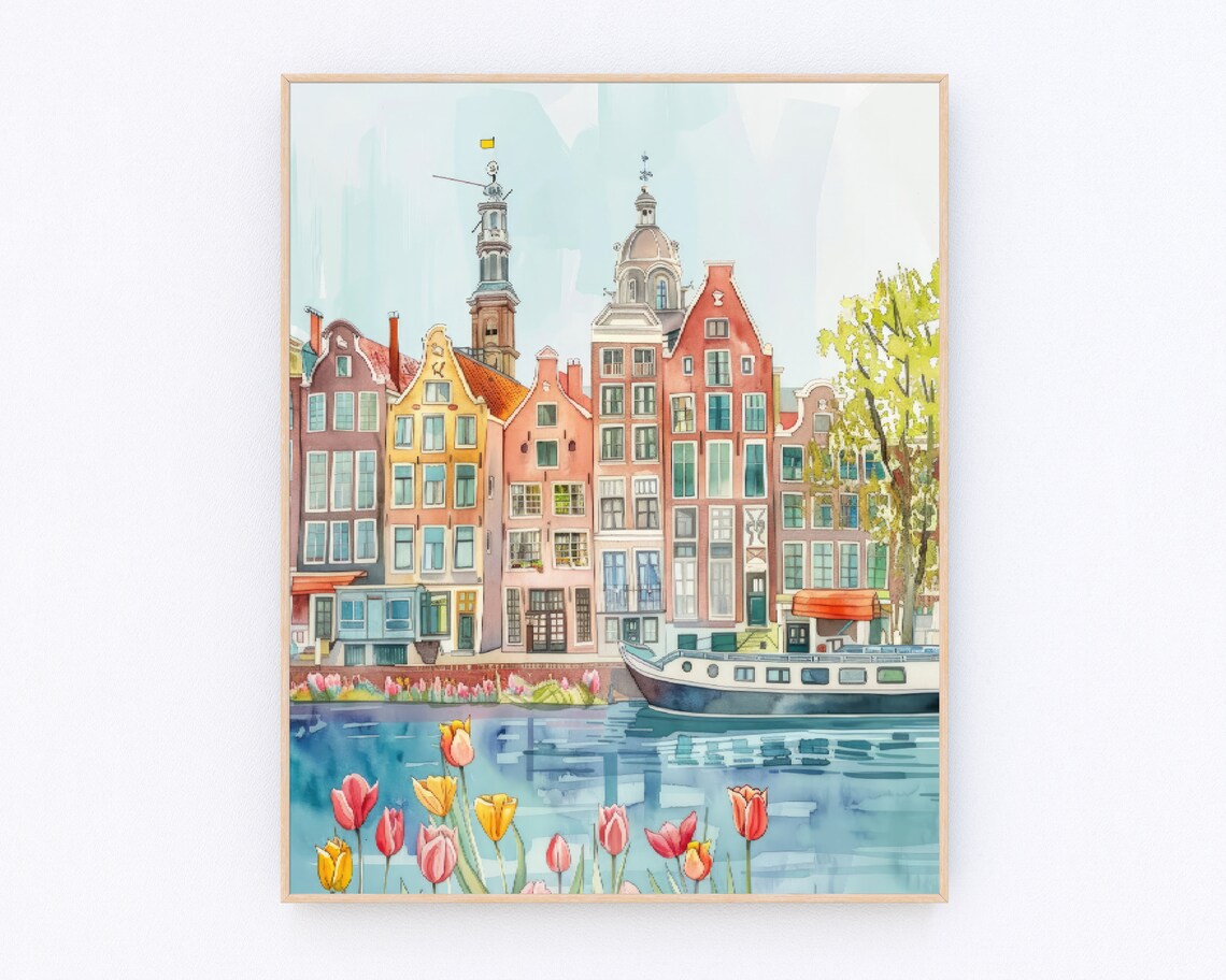 Amsterdam Windmill Travel Poster, Netherlands Landscape
