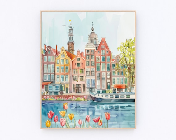 Amsterdam Windmill Travel Poster, Netherlands Landscape