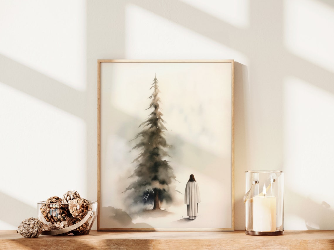 Jesus With Christmas Tree Winter Minimalist Watercolor Christian Print - Image 2