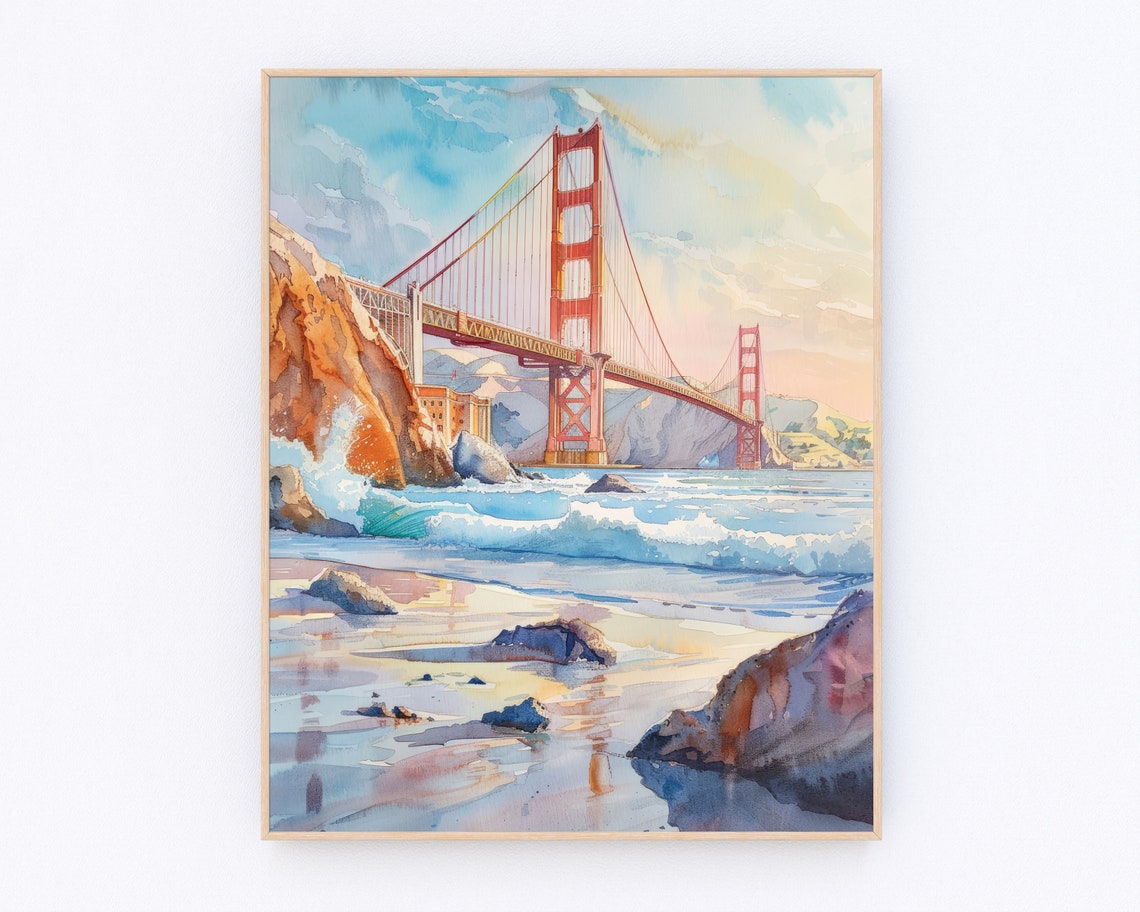 Golden Gate Bridge San Francisco Beach Watercolor Sunset Travel Poster