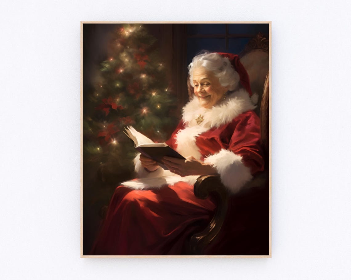 Mrs Claus Reading Book Vintage Christmas Wall Art Santa Christmas Decor Christmas Oil Painting Moody Art Academia Winter Print P087