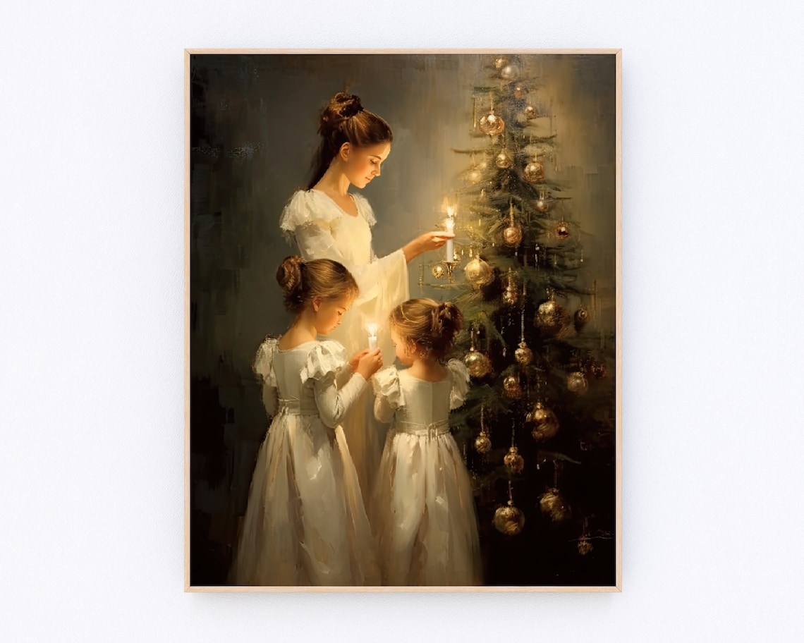 Vintage Christmas Tree Candlelight Girls Cozy Oil Painting Poster