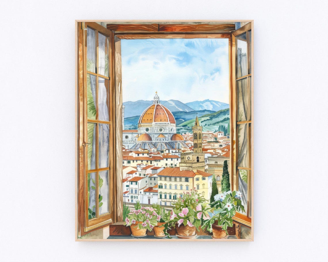 Florence Cathedral Dome View Through Open Window Watercolor Poster
