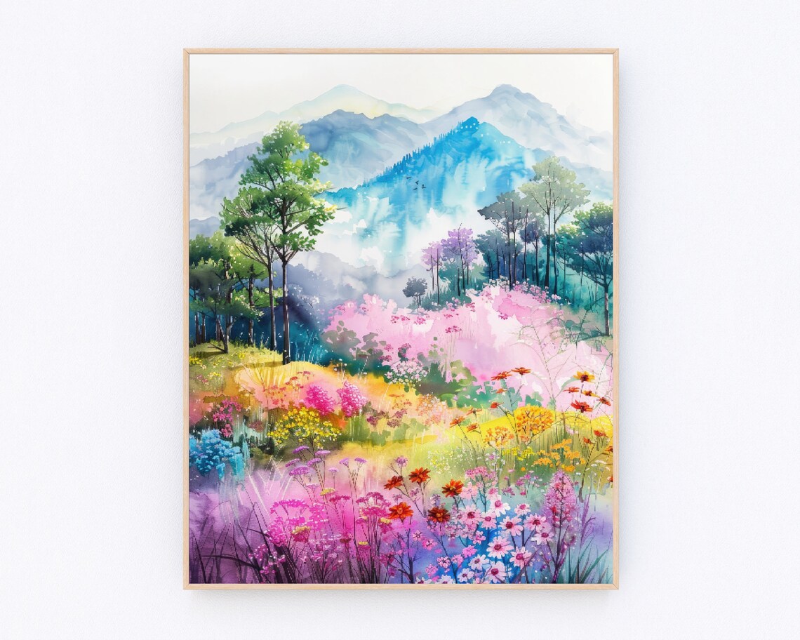 Pastel Mountain Wildflower Valley Watercolor Landscape Poster