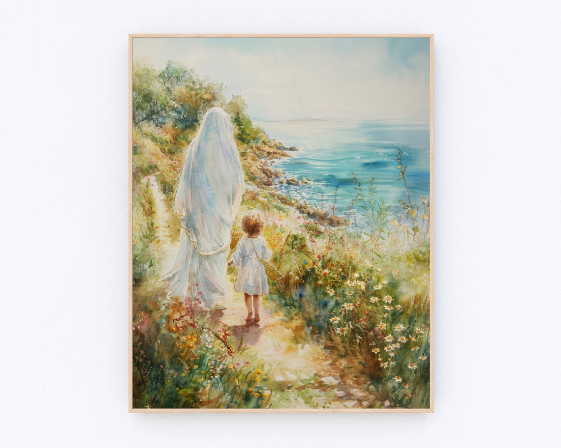 Virgin Mary and Child on Coastal Cliff Path Overlooking the Sea Poster