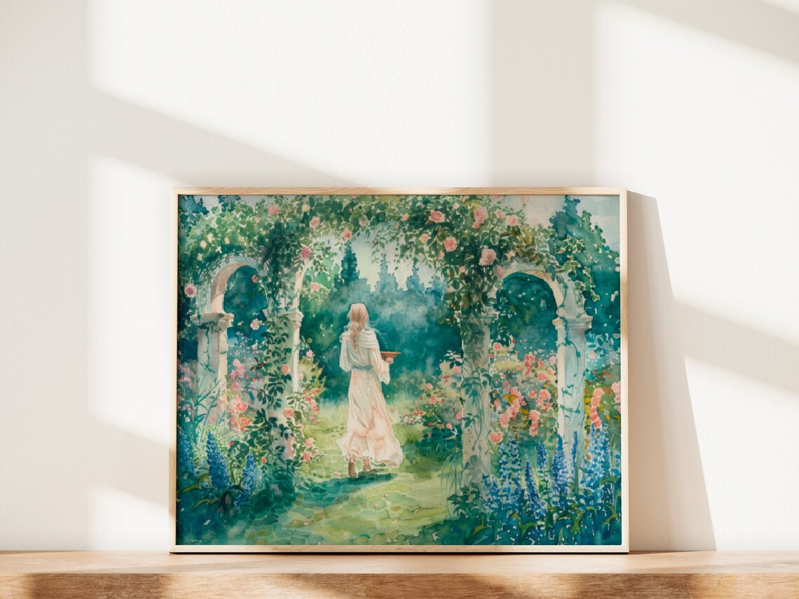 Woman Walking Through Double Rose Archway Garden Path Poster - Image 2