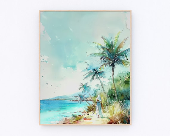Virgin Mary Walking Tropical Beach Palms Turquoise Watercolor Poster
