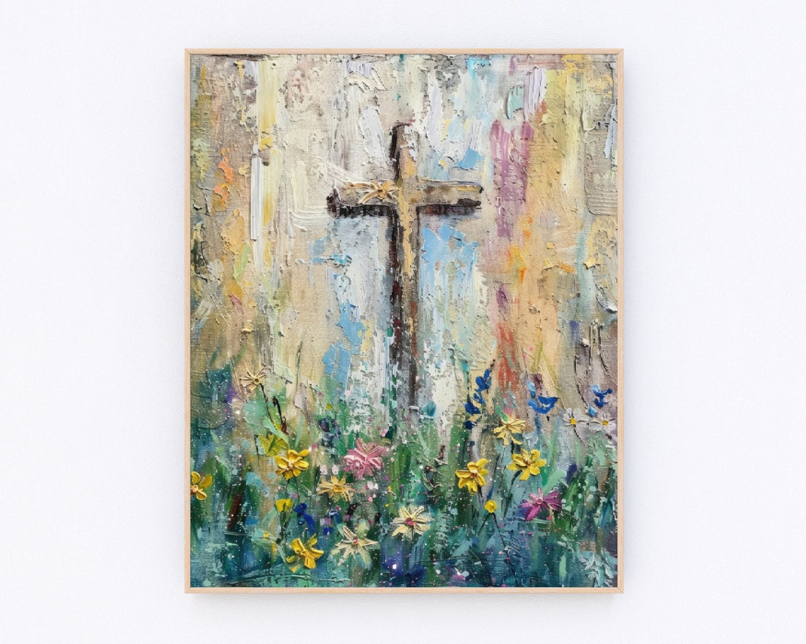 Abstract Cross Painting Surrounded by Colorful Wildflowers Poster - Image 2