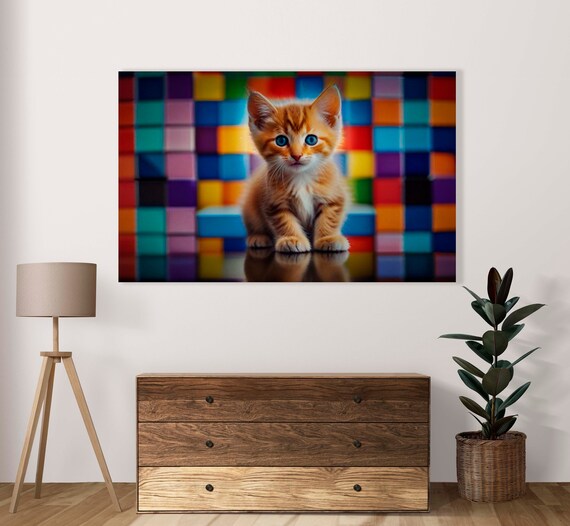 Orange Kitten In Cubes Background Poster Of 1 Image Home Decor Cute Blue Eyes Feline Illustration Art