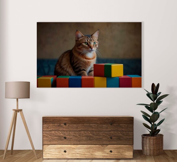 Serious Cat With Cubes Theme Poster Set Of 1 Image Home Decoration Cute Cat Illustration Pets Lovers