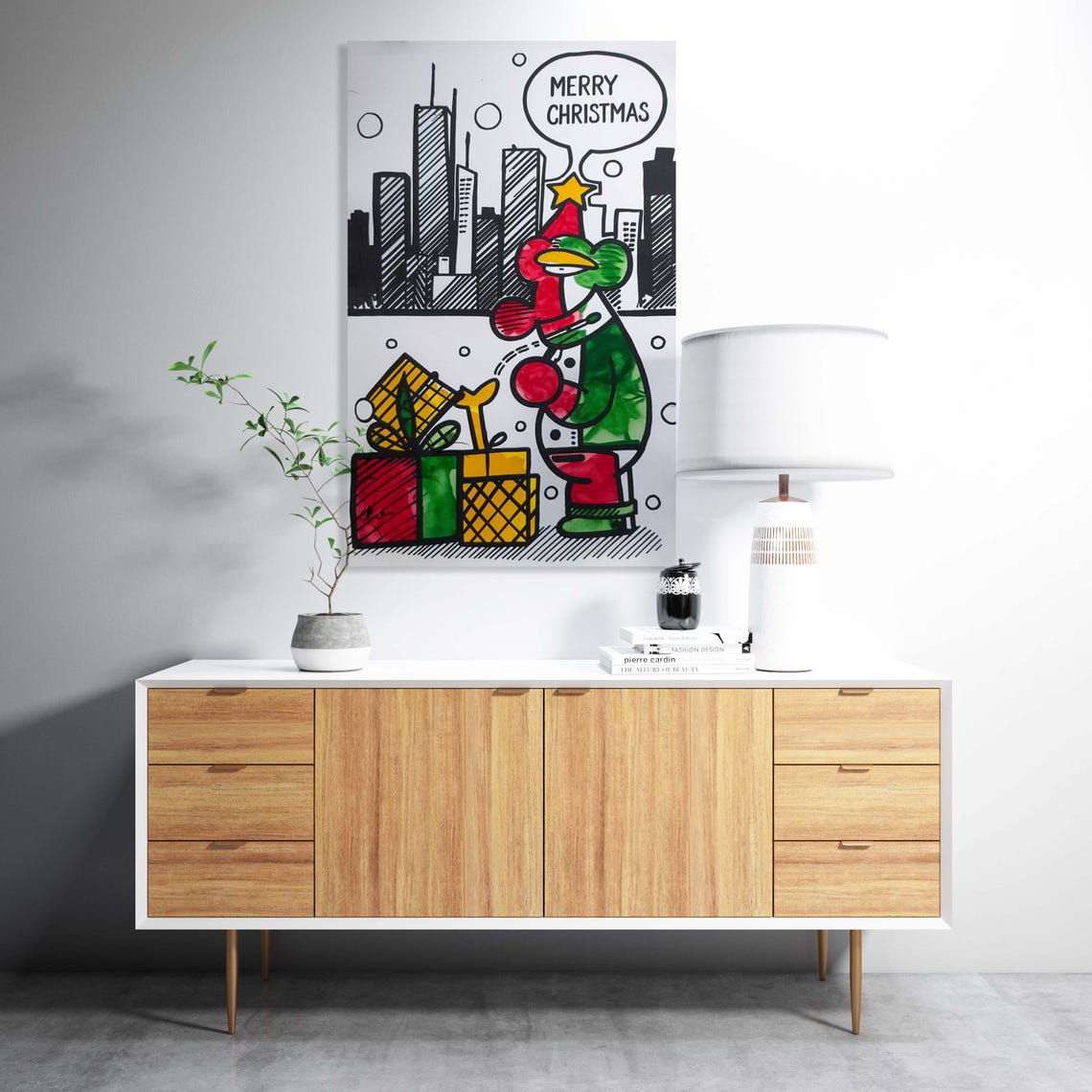 Merry Christmas Doodle Santa With Gifts City Skyline Art Poster - Image 3