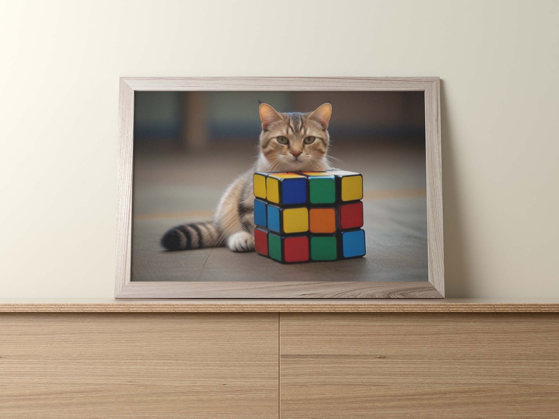 Grumpy Orange Cat Behind Big Puzzle Cube Funny Animal Poster - Image 2