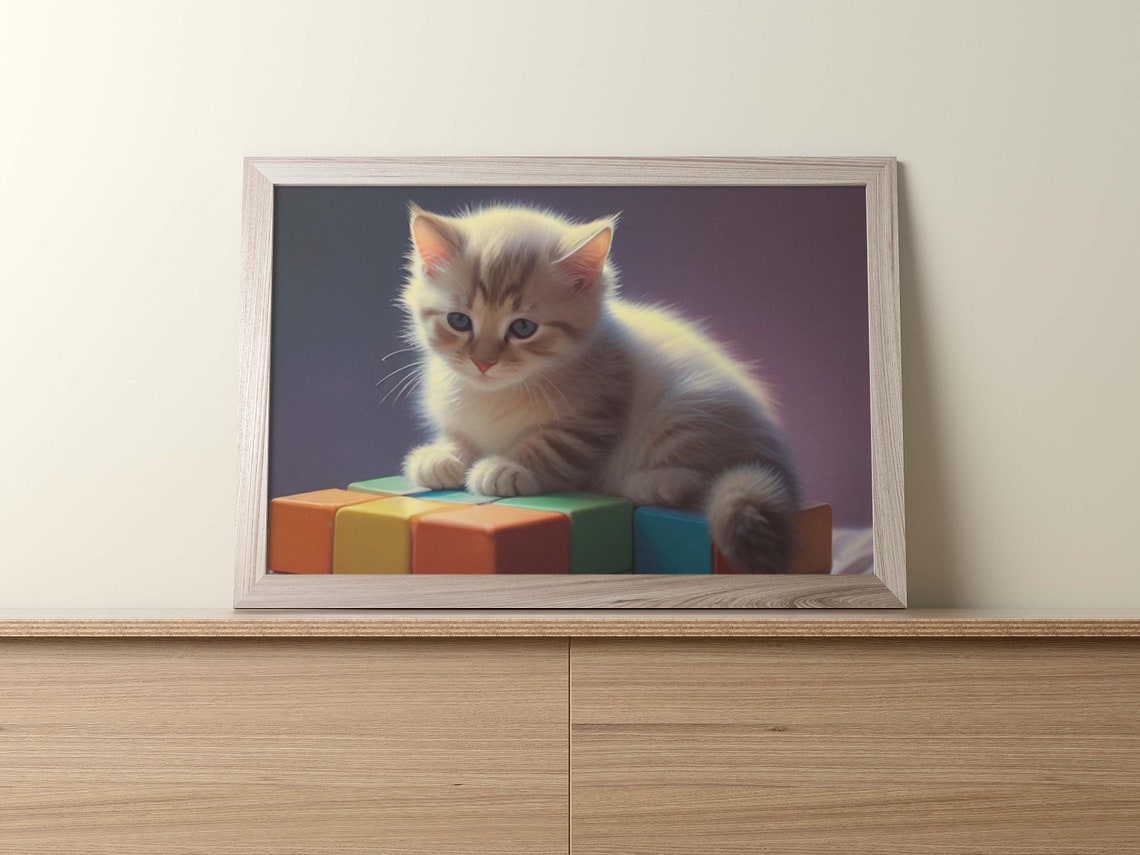 Cream Kitten Lying On Colorful Toy Blocks Purple Glow Poster - Image 2