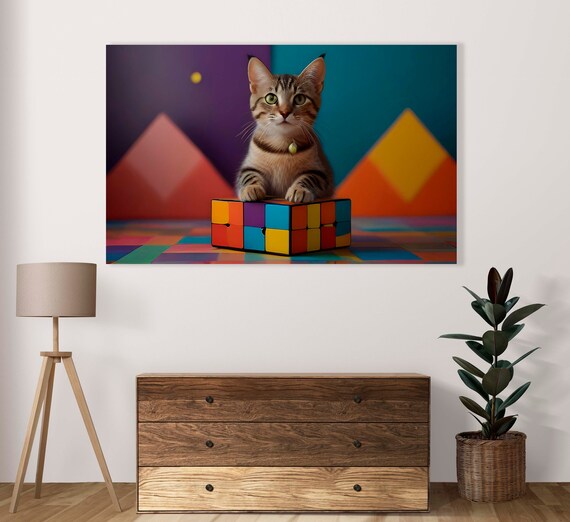 Tabby Kitten With Paws On Puzzle Cube Geometric Colorful Poster