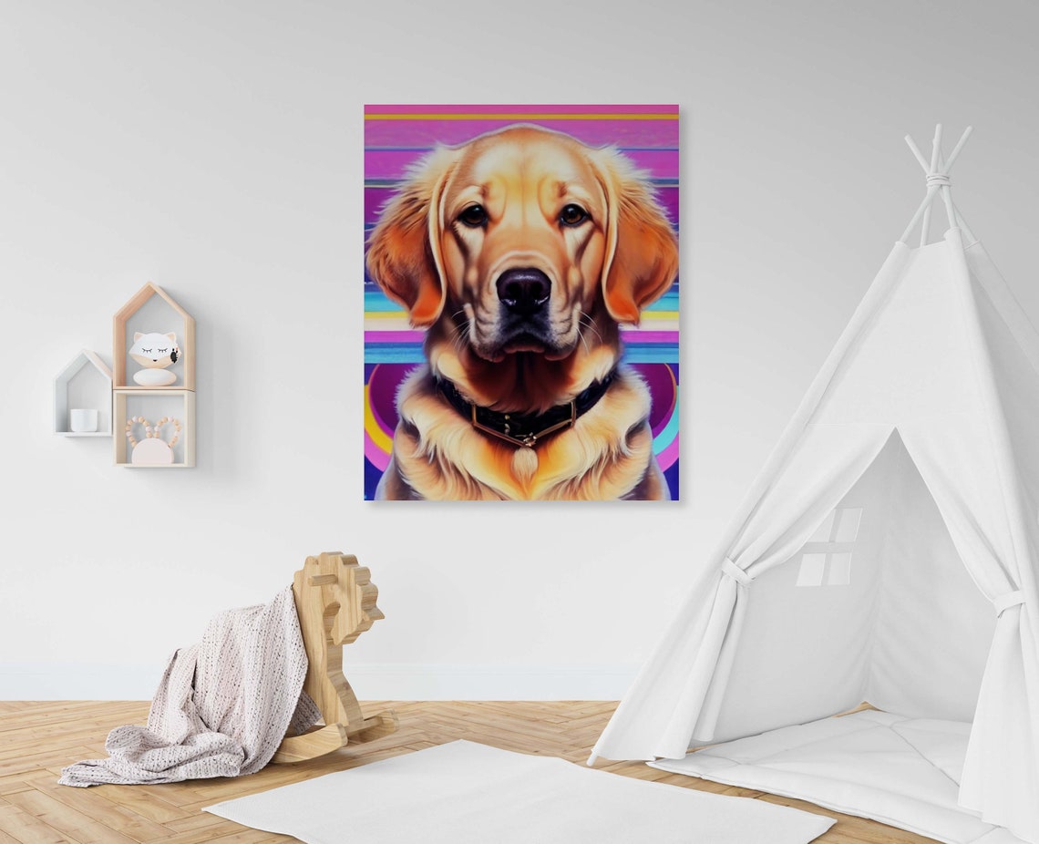 Golden Retriever Portrait Against Neon Rainbow Stripes Poster