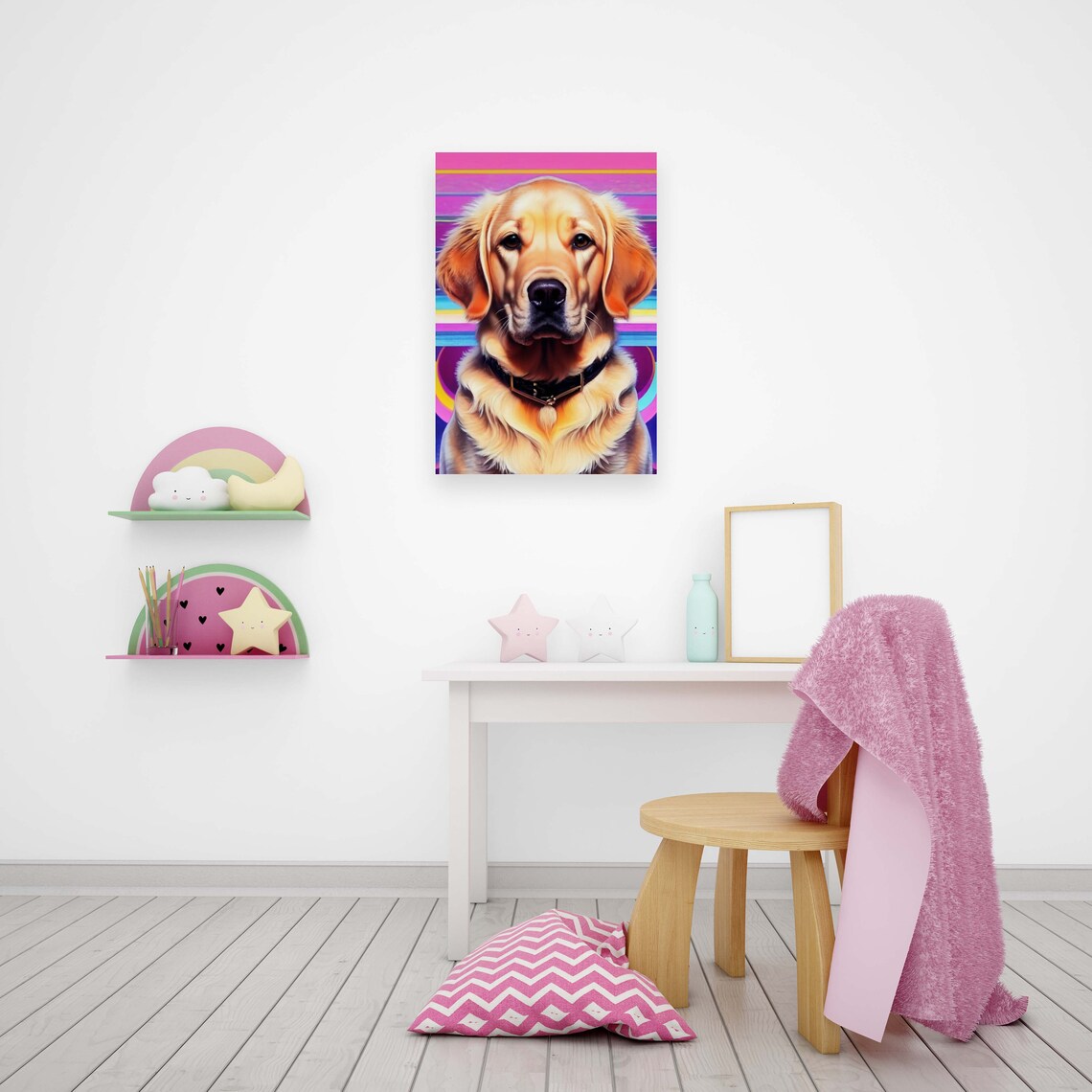 Golden Retriever Portrait Against Neon Rainbow Stripes Poster - Image 2
