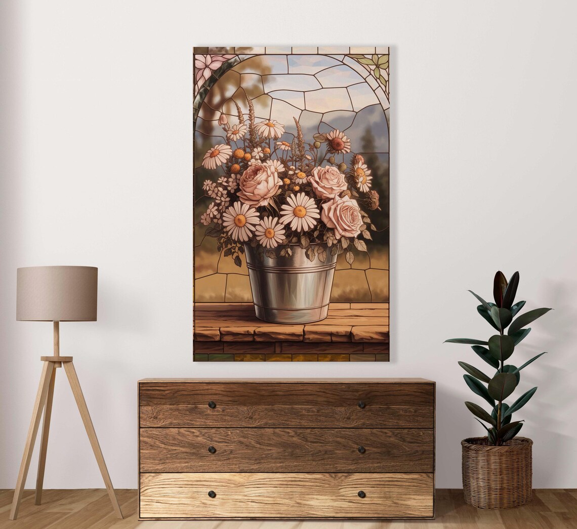 White Daisies and Roses Wildflower Bucket Stained Glass Poster