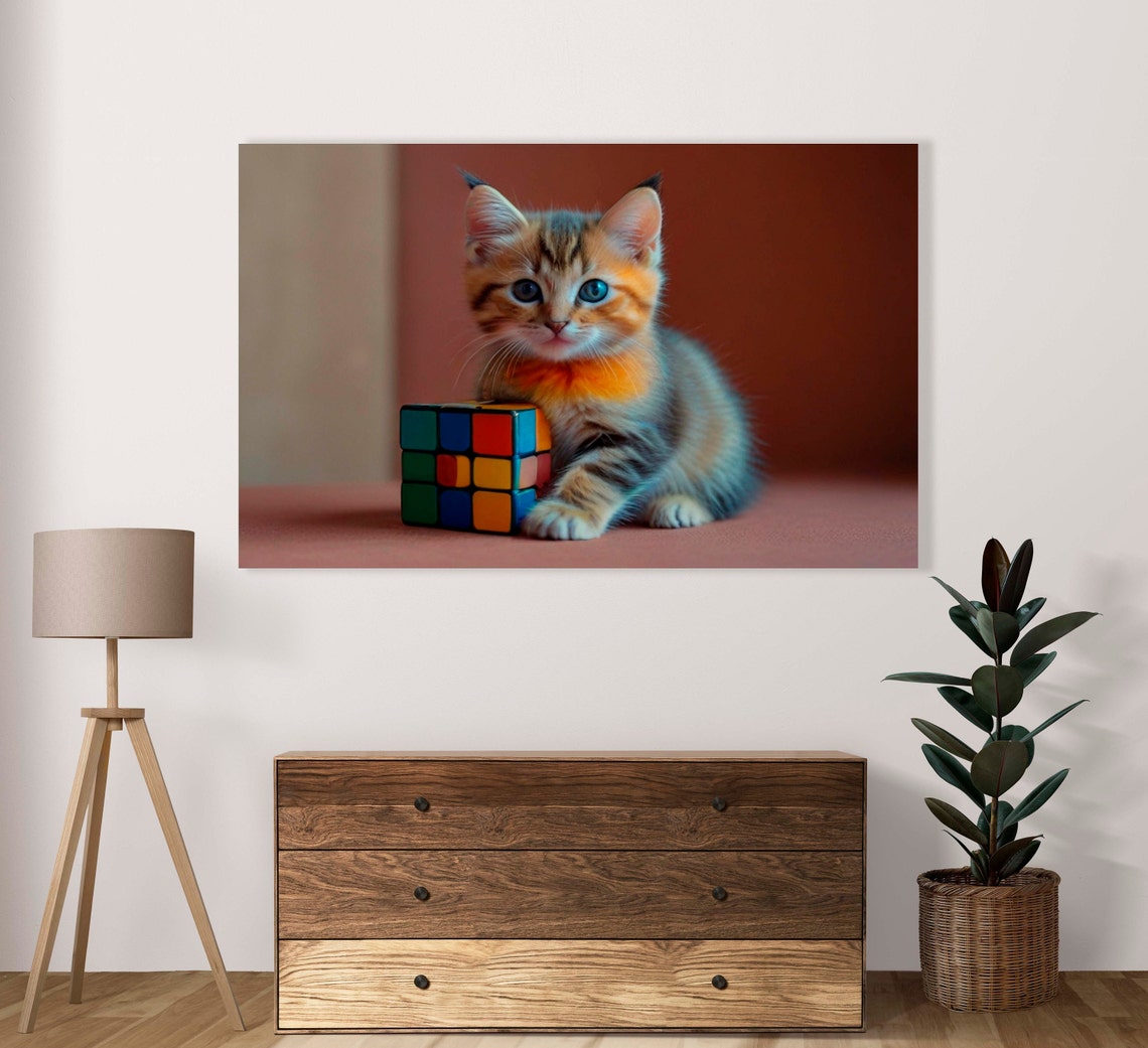 Tabby Kitten Hugging Rubik Cube Pink Background Photo Poster