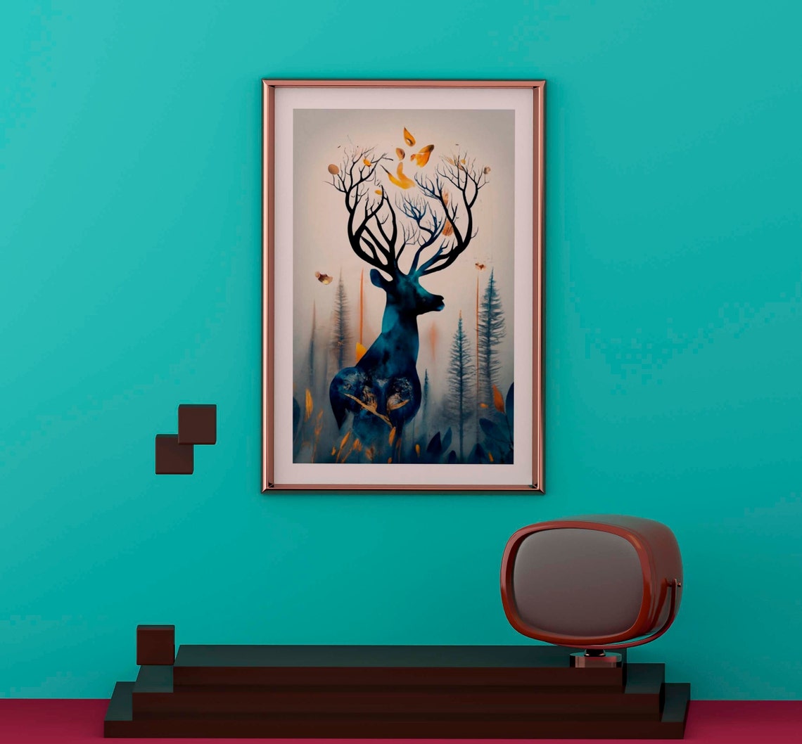 Majestic Deer Silhouette With Branch Antlers Watercolor Forest Poster - Image 2
