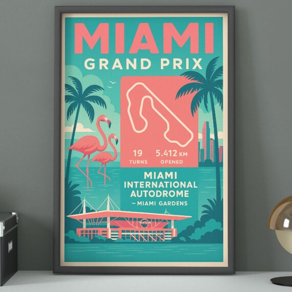 Miami Grand Prix Coral Flamingo Vintage Retro Racing Track Poster