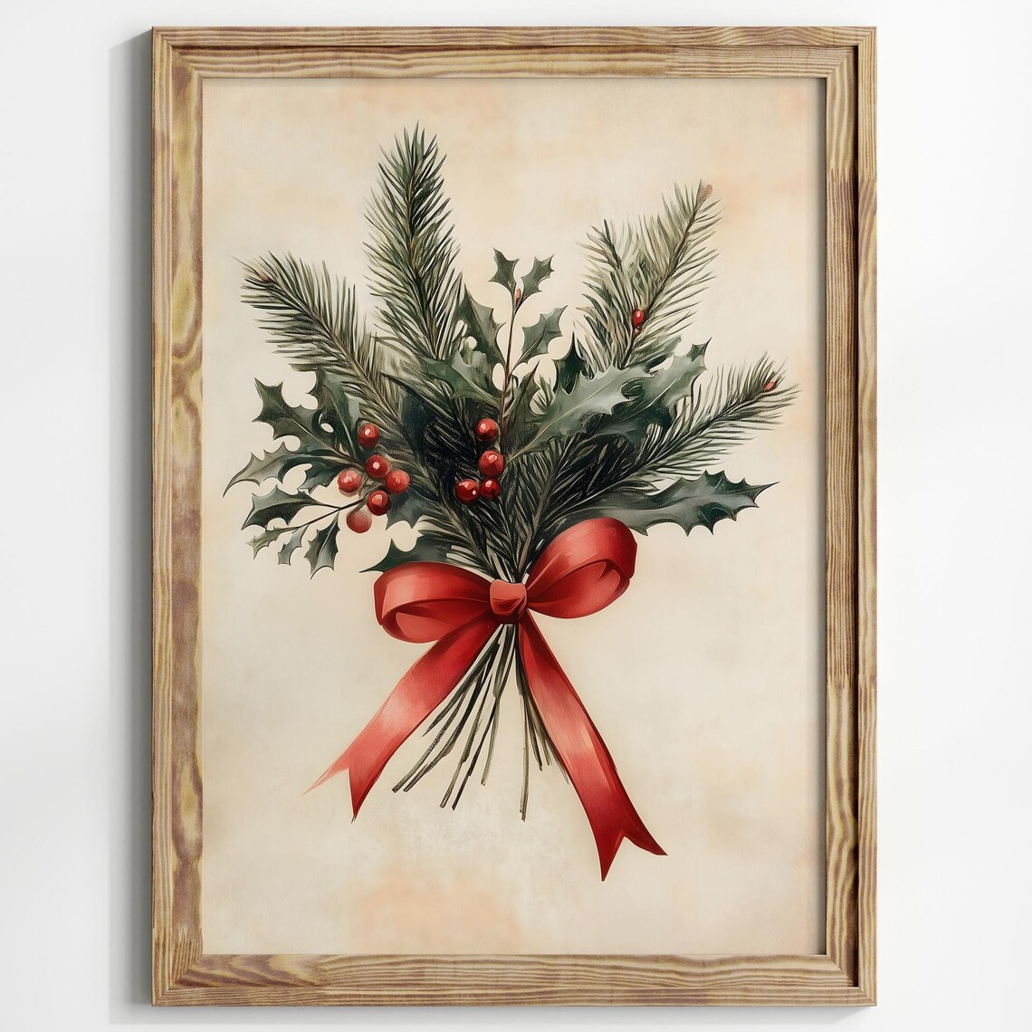 Vintage Pine And Holly Christmas Bouquet With Red Ribbon Bow Poster