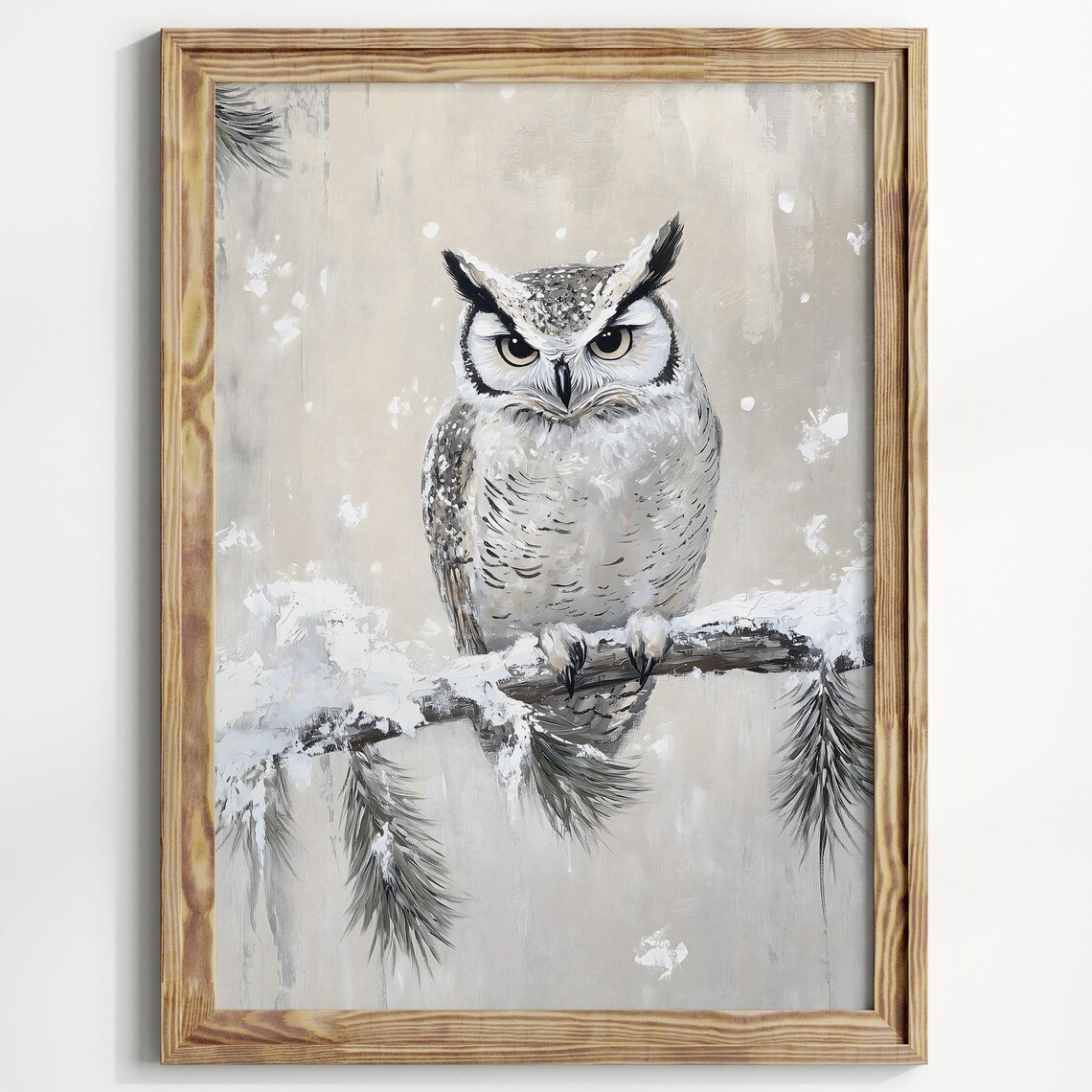 Great Horned Owl Snowy Pine Branch Winter Bird Portrait Poster