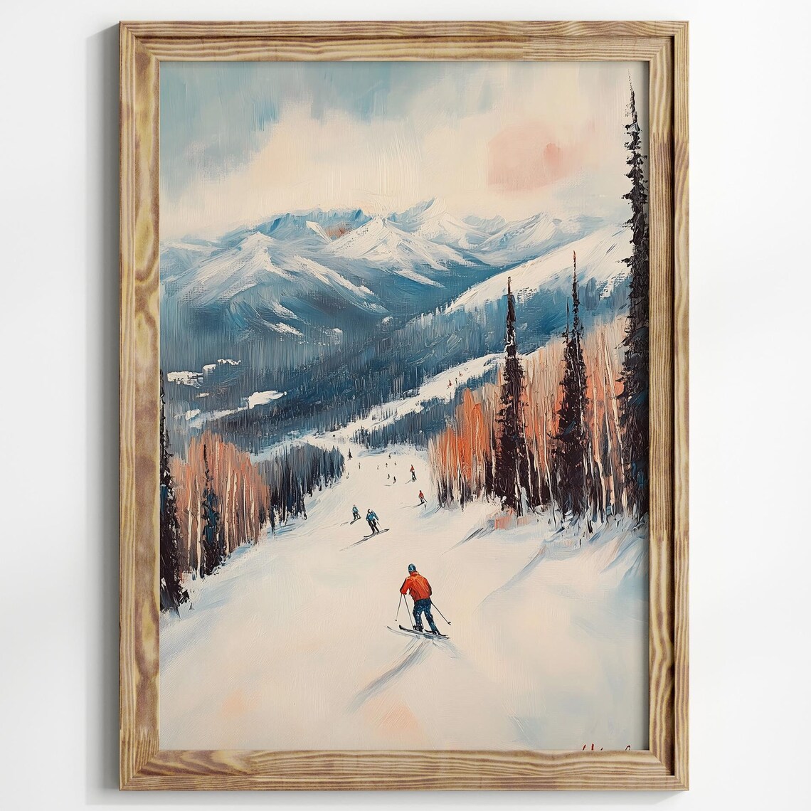Vintage Ski Slope Mountain Winter Skiers Landscape Art Poster