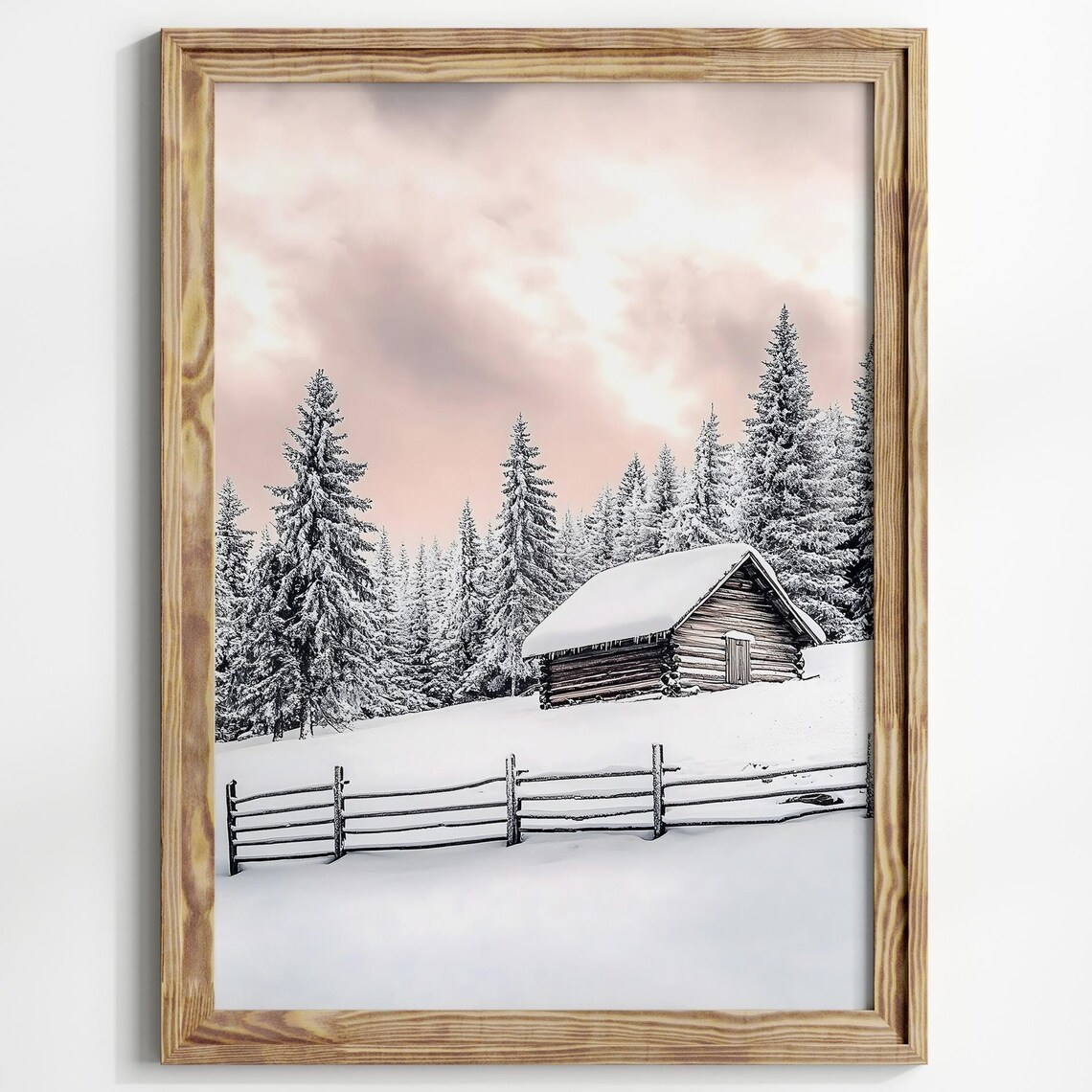 Snowy Log Cabin Winter Forest Pink Sky Mountain Scene Poster