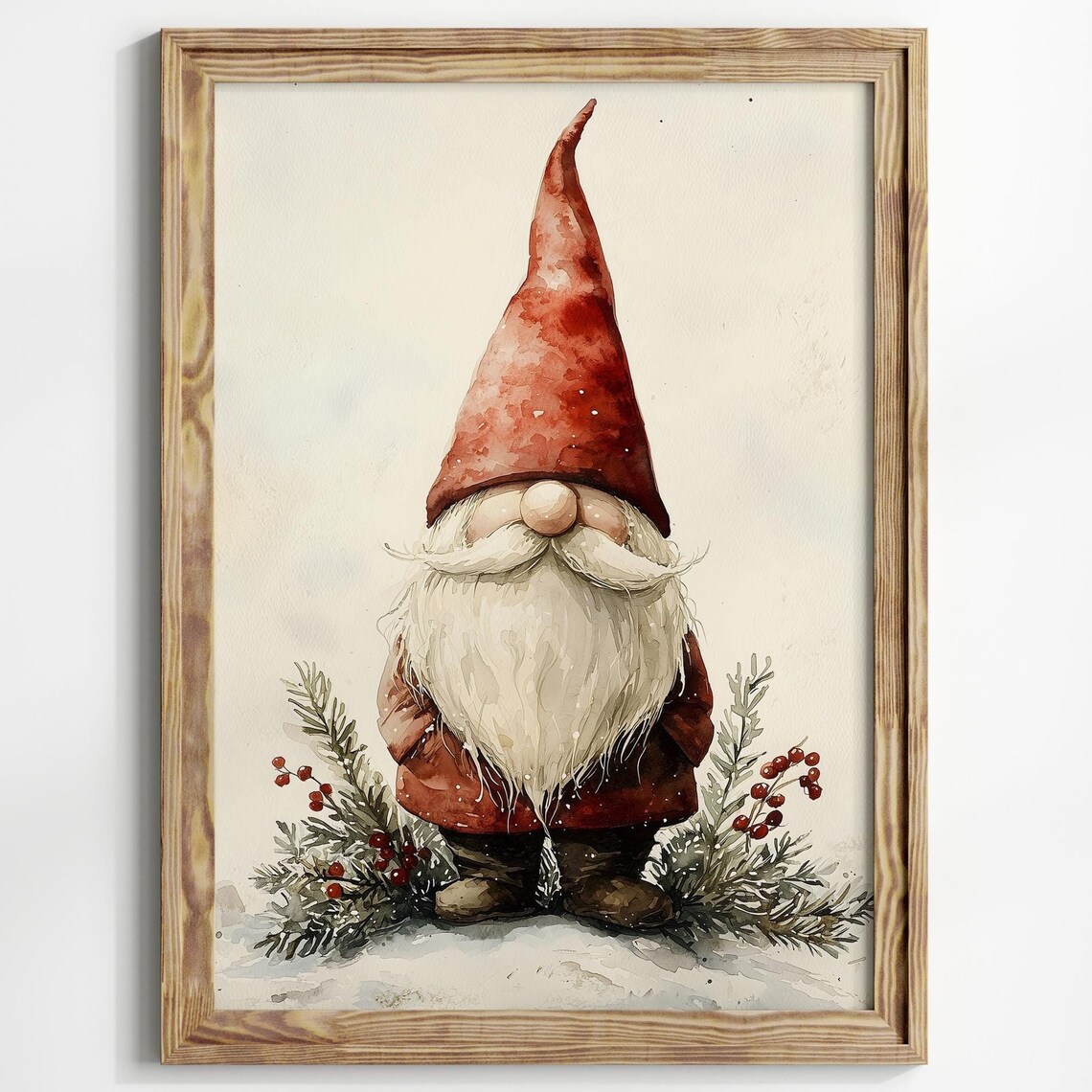 Christmas Gnome Watercolor Tall Red Hat Pine Holiday Art Poster - Image 7