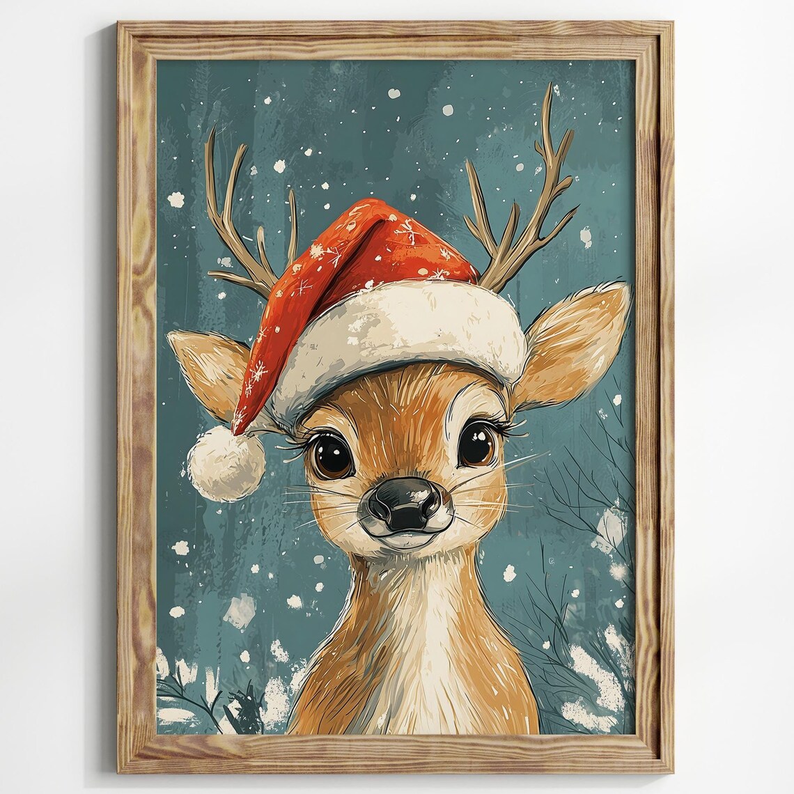 Cute Reindeer Santa Hat Christmas Snowy Woodland Animal Poster