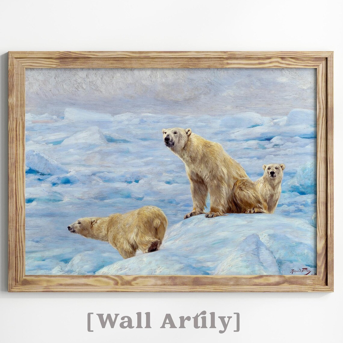 Three Polar Bears On Arctic Ice Vintage Wildlife Painting Poster
