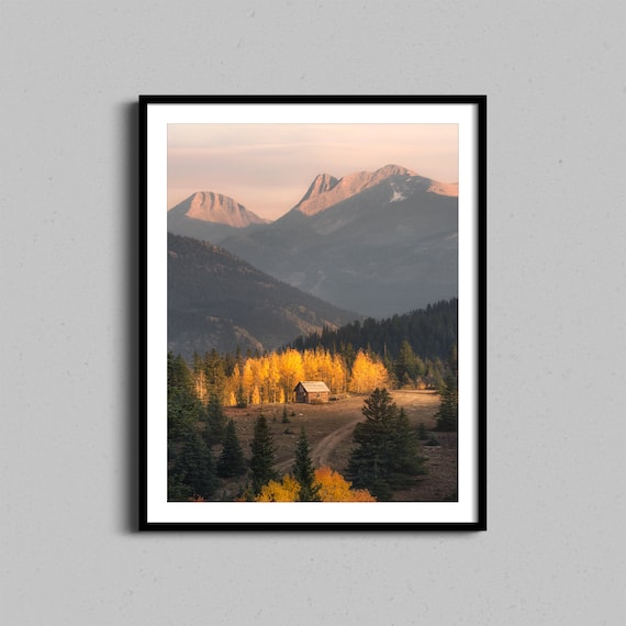 Fall Mountain Cabin Colorado Autumn Golden Aspen Landscape Photo Print