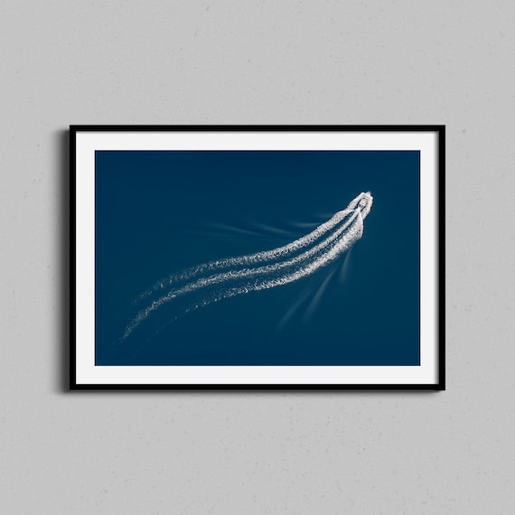 Aerial Speedboat White Wake on Deep Blue Ocean Photography Poster
